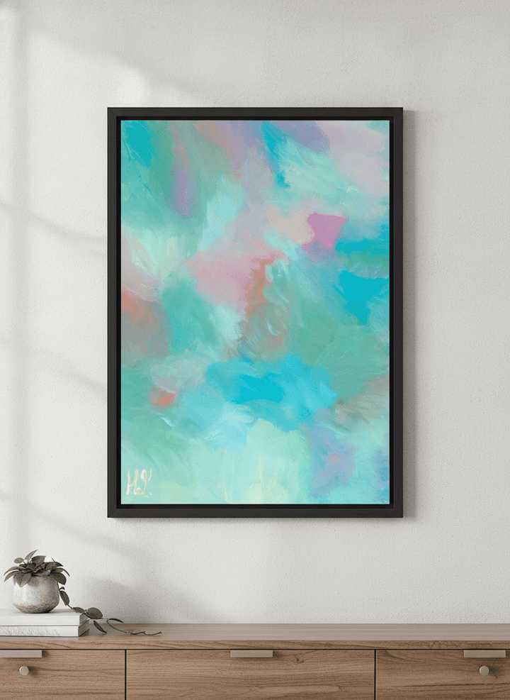 Minimalist artwork displayed in a calm, light-filled bedroom interior