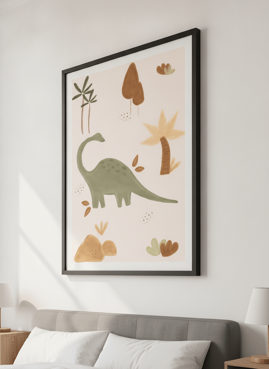 Minimalist artwork displayed in a calm, light-filled bedroom interior