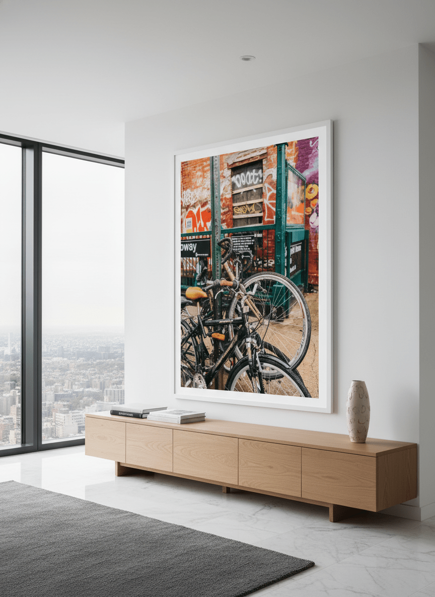 Monumental artwork centred on a feature wall in a luxe interior