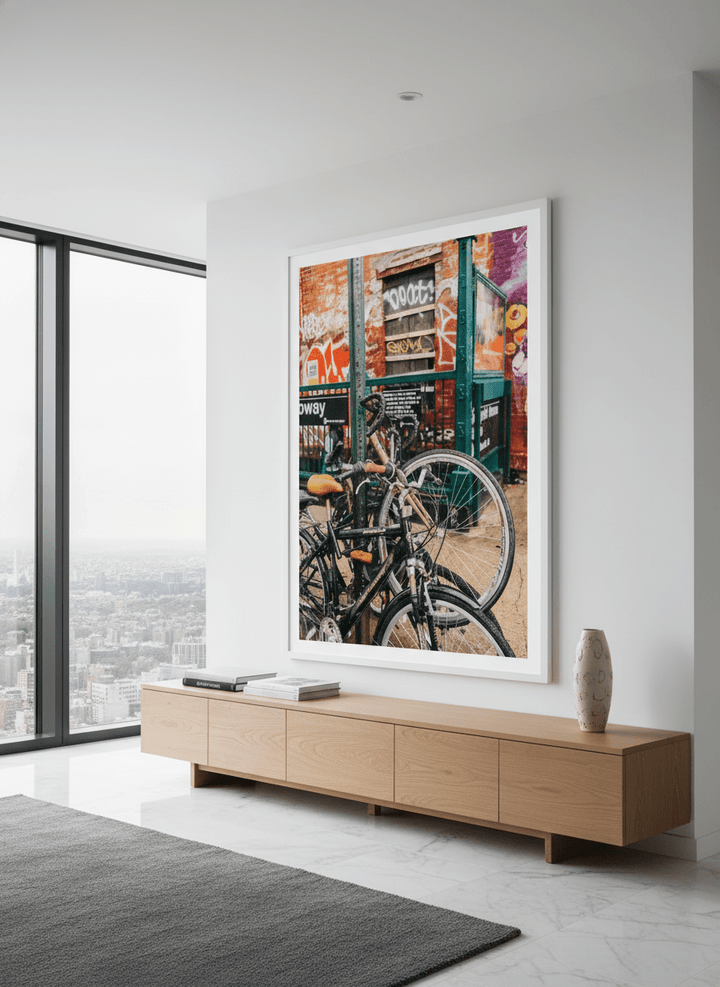 Monumental artwork centred on a feature wall in a luxe interior