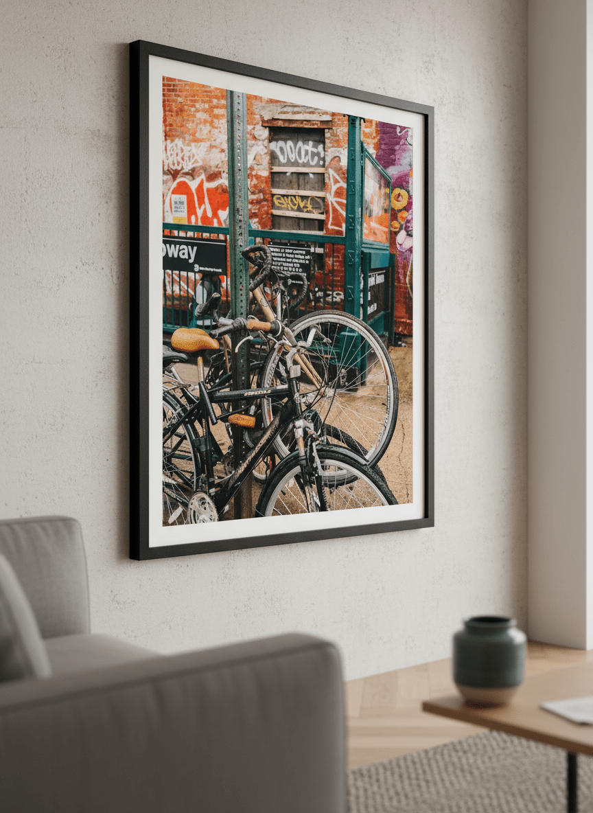 Modern wall art styled above a sofa in a neutral living room