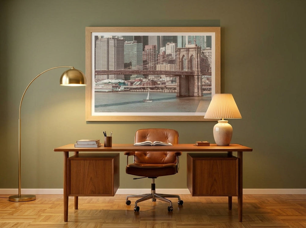 Modern wall art print styled on the wall in a mid-century home office
