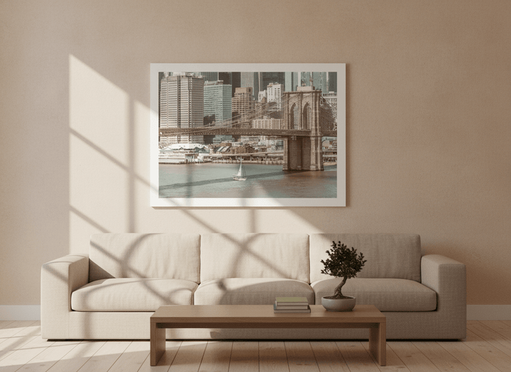 Modern wall art print styled on the wall in a warm Japandi living room