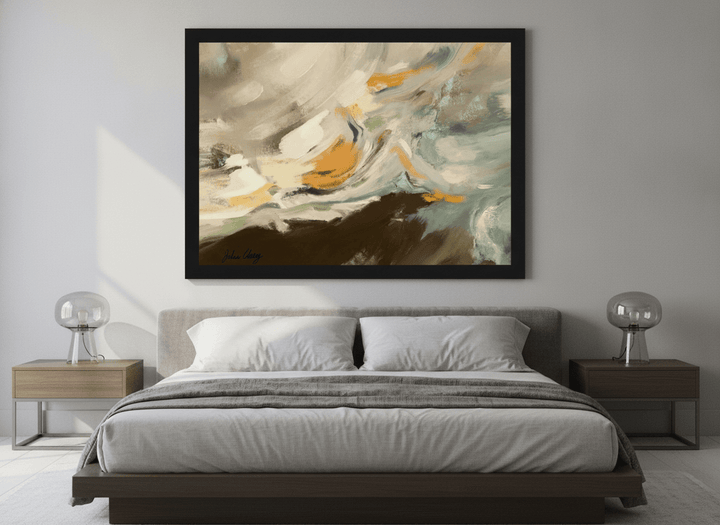 Minimalist artwork displayed in a calm, light-filled bedroom interior