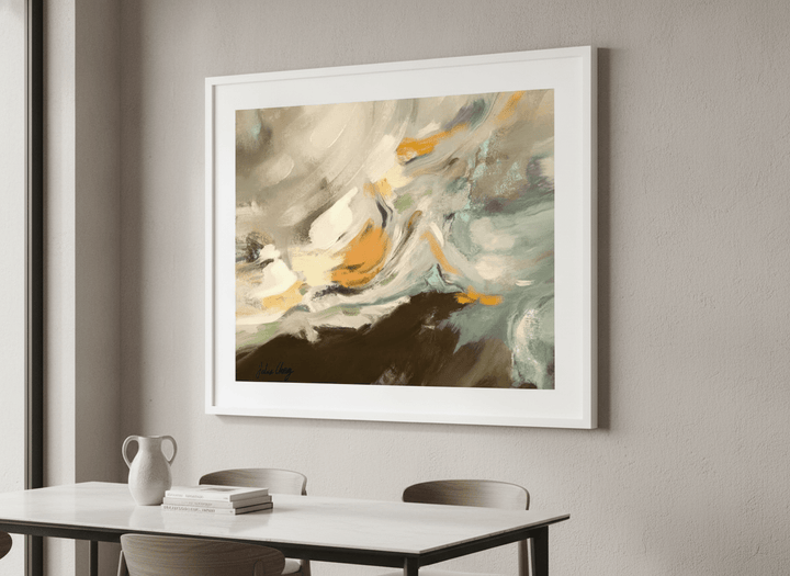 Wall art styled above a dining table in a contemporary home