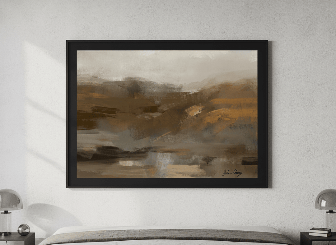 Minimalist artwork displayed in a calm, light-filled bedroom interior
