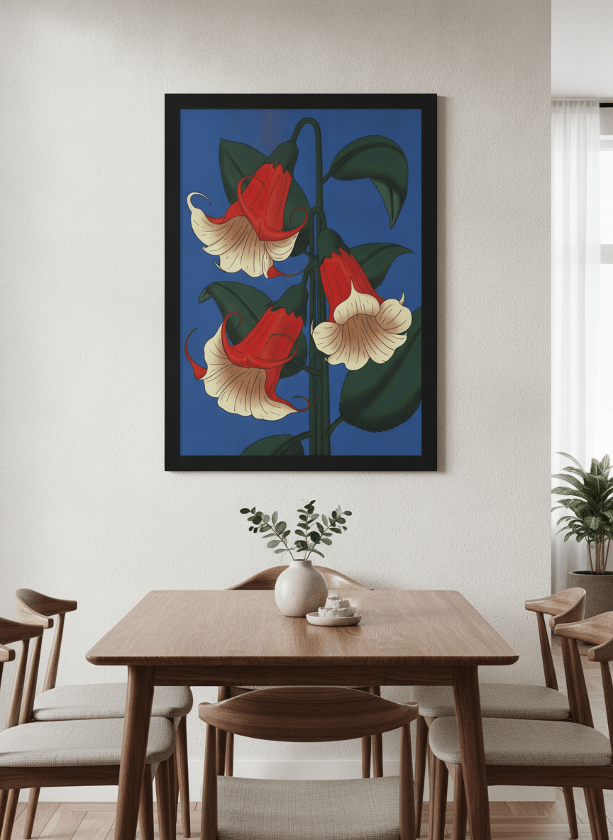 Wall art styled above a dining table in a contemporary home