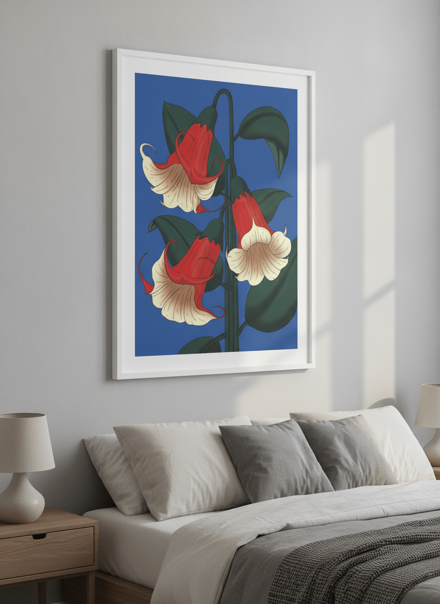Minimalist artwork displayed in a calm, light-filled bedroom interior