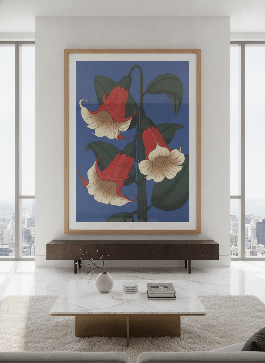 Monumental artwork centred on a feature wall in a luxe interior