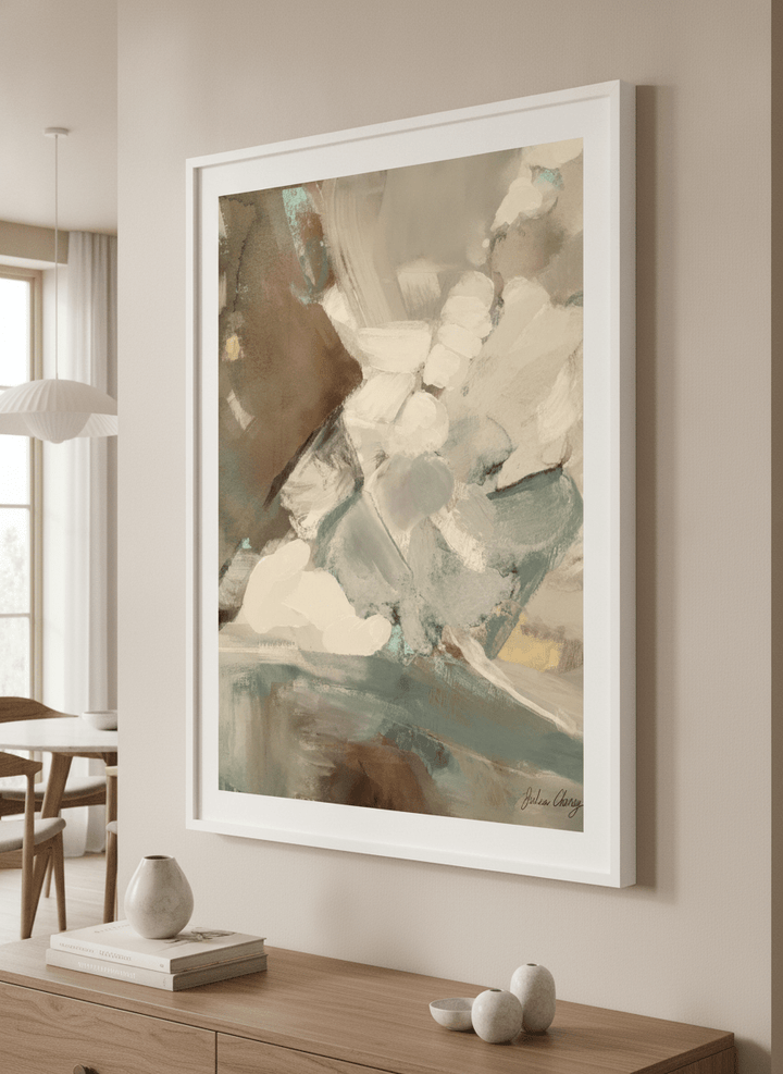 Wall art styled above a dining table in a contemporary home