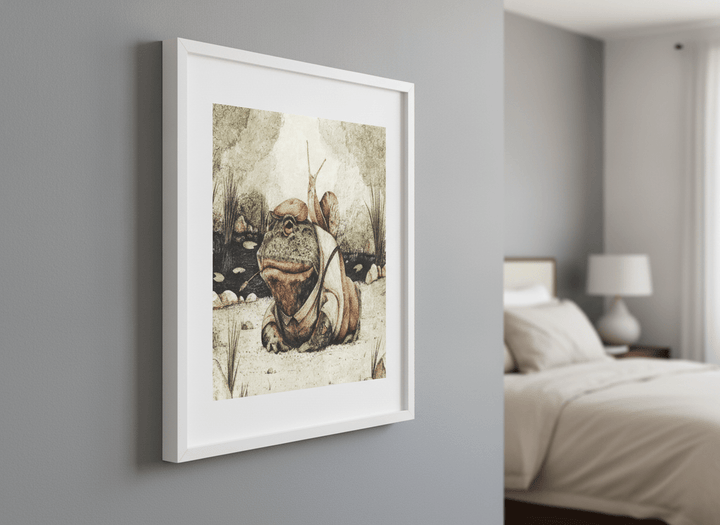 Minimalist artwork displayed in a calm, light-filled bedroom interior