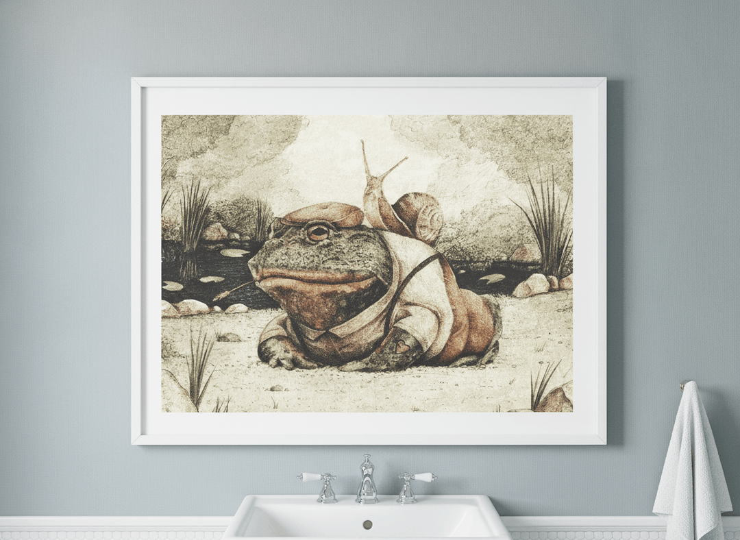 Modern print displayed in a clean minimalist bathroom setting