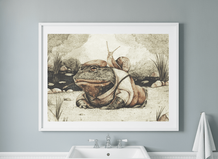 Modern print displayed in a clean minimalist bathroom setting