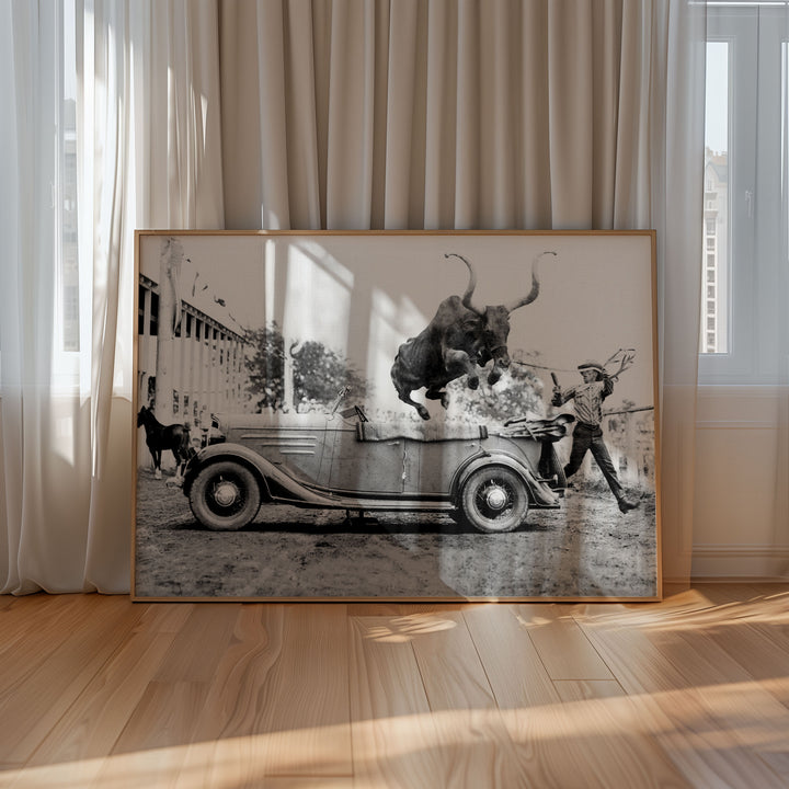 timer print wall art bull over car jumping