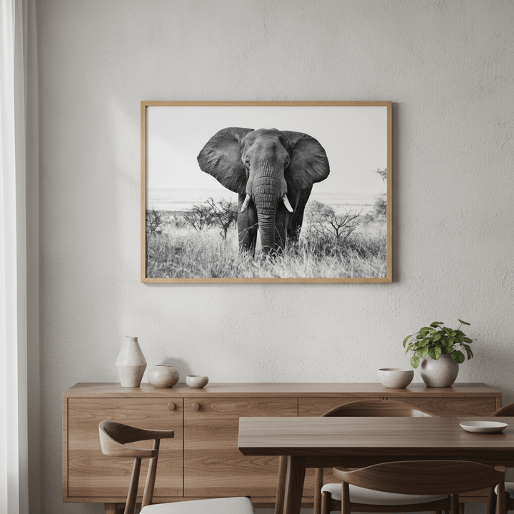 Bull Elephant Landscape Photograph Black and White wall-art-picture-poster