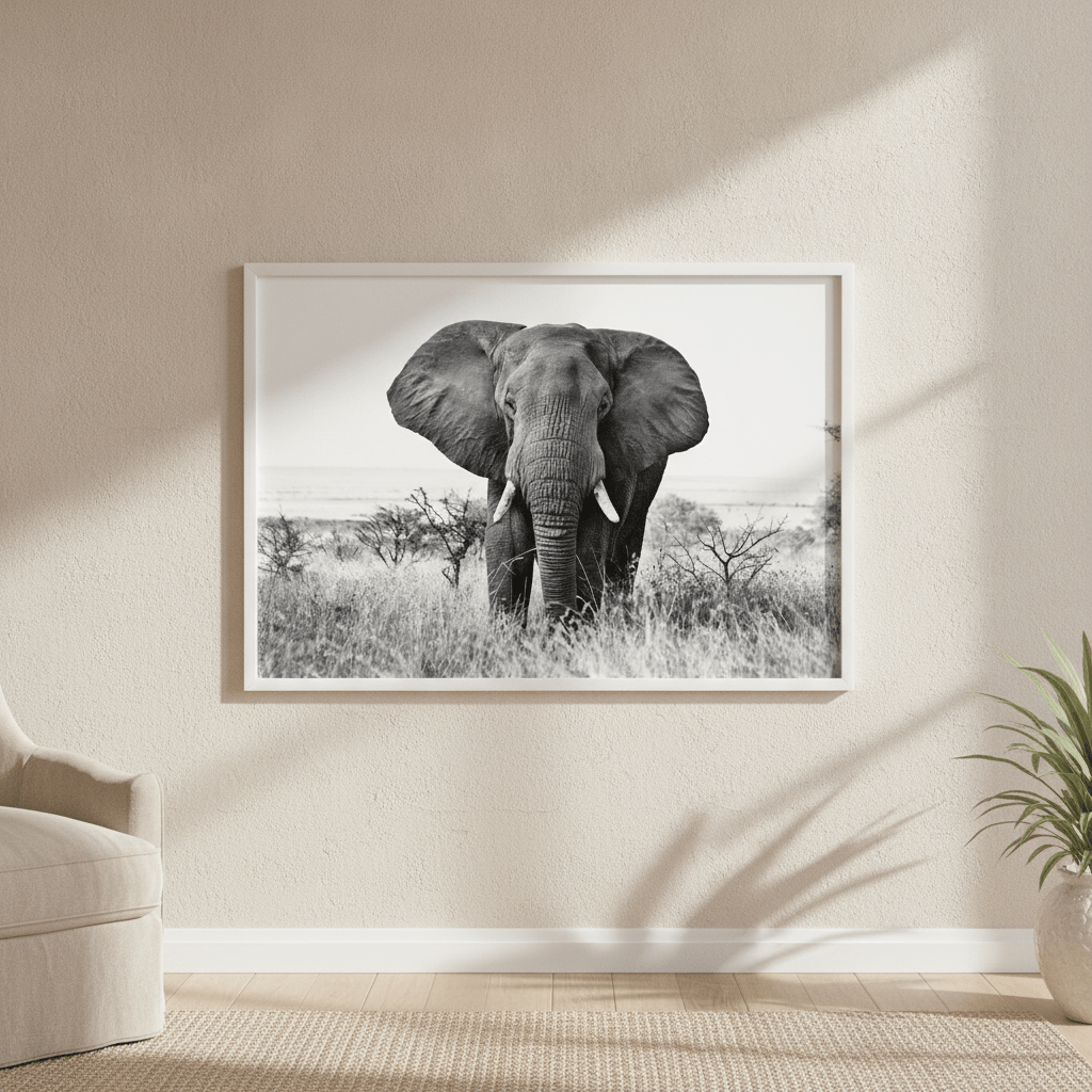 Bull Elephant Landscape Photograph Black and White wall-art-picture-poster