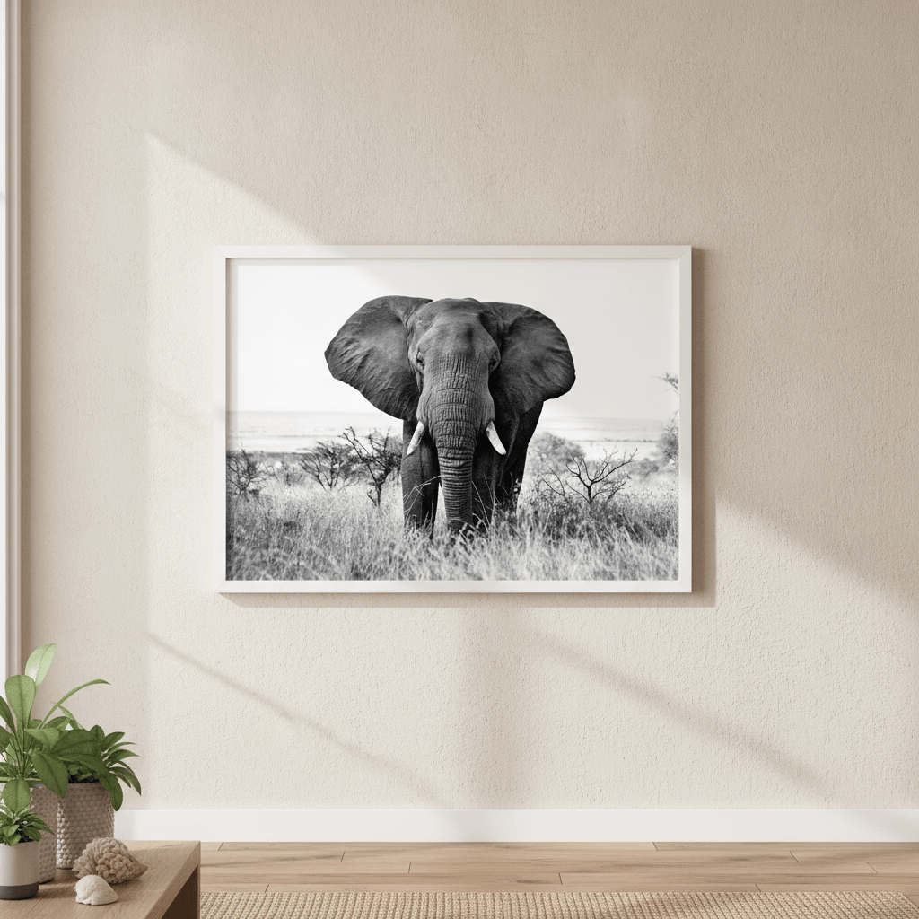 Bull Elephant Landscape Photograph Black and White wall-art-picture-poster