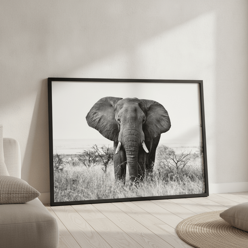 Bull Elephant Landscape Photograph Black and White wall-art-picture-poster