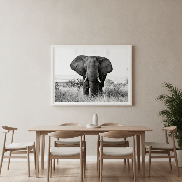 Bull Elephant Landscape Photograph Black and White wall-art-picture-poster