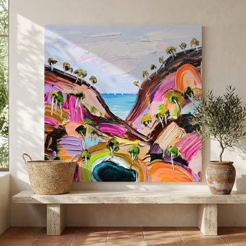 Stretched canvas wall art styled on the wall in a Mediterranean living room