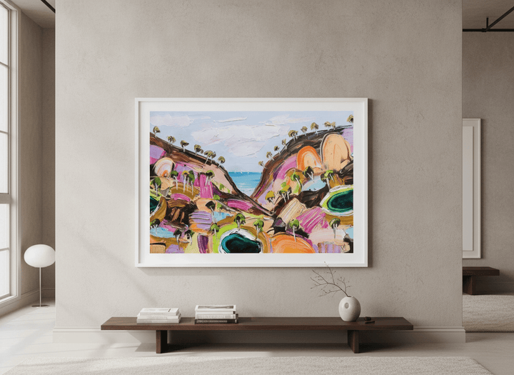 Monumental artwork centred on a feature wall in a luxe interior