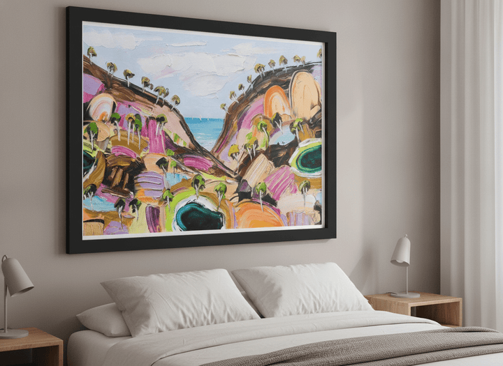 Minimalist artwork displayed in a calm, light-filled bedroom interior