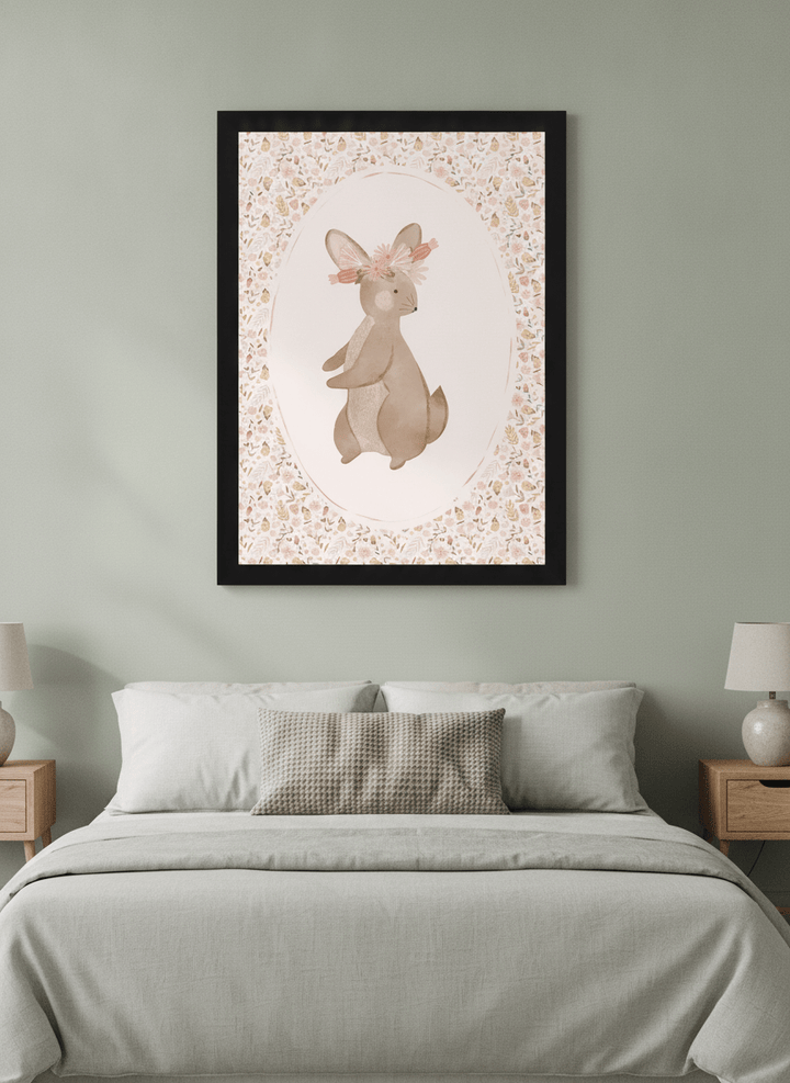 Minimalist artwork displayed in a calm, light-filled bedroom interior