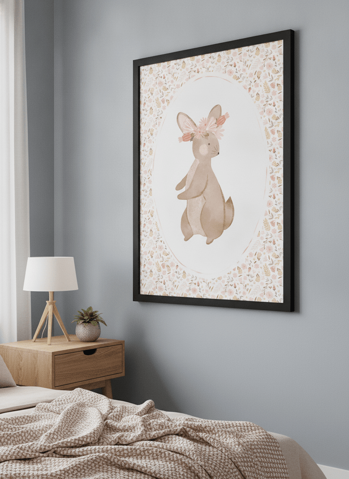 Minimalist artwork displayed in a calm, light-filled bedroom interior