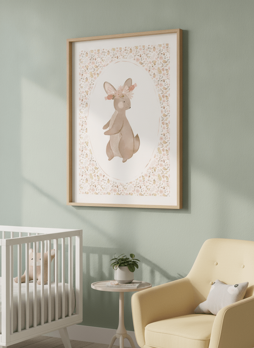 Soft neutral wall art styled in a serene nursery with pastel tones