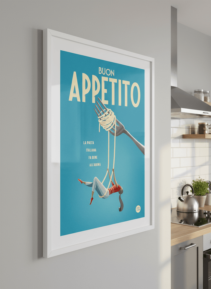 Artwork styled on the wall of a bright modern kitchen