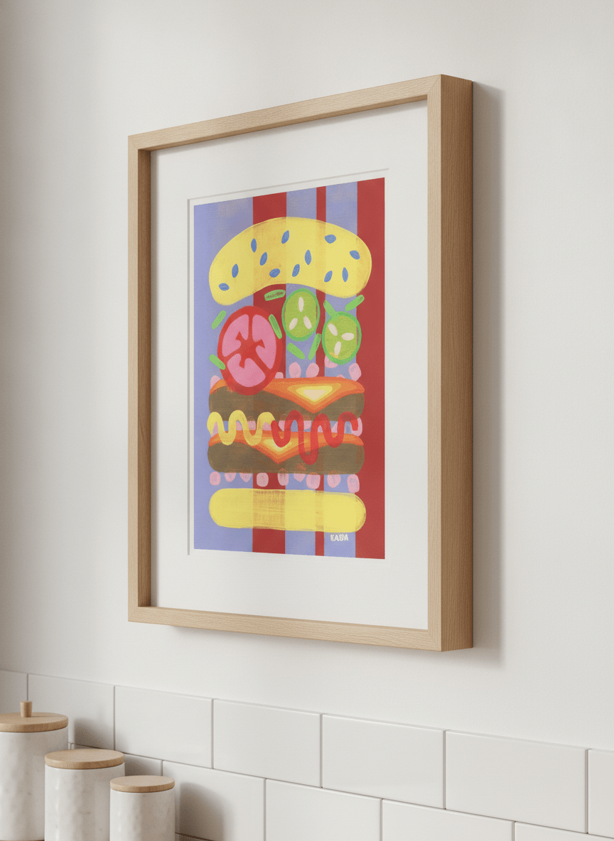 Artwork styled on the wall of a bright modern kitchen