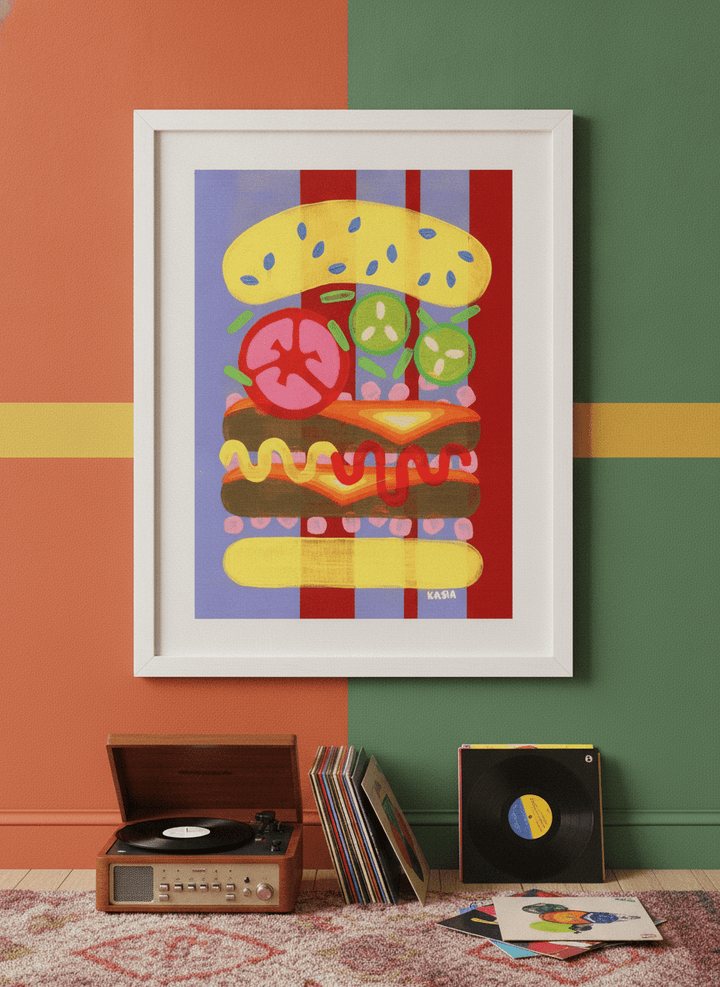 Bold wall art styled in a colourful, eclectic modern home