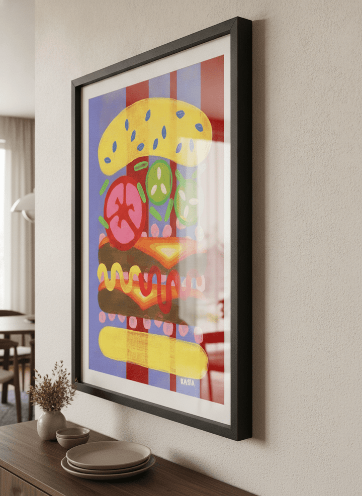 Wall art styled above a dining table in a contemporary home