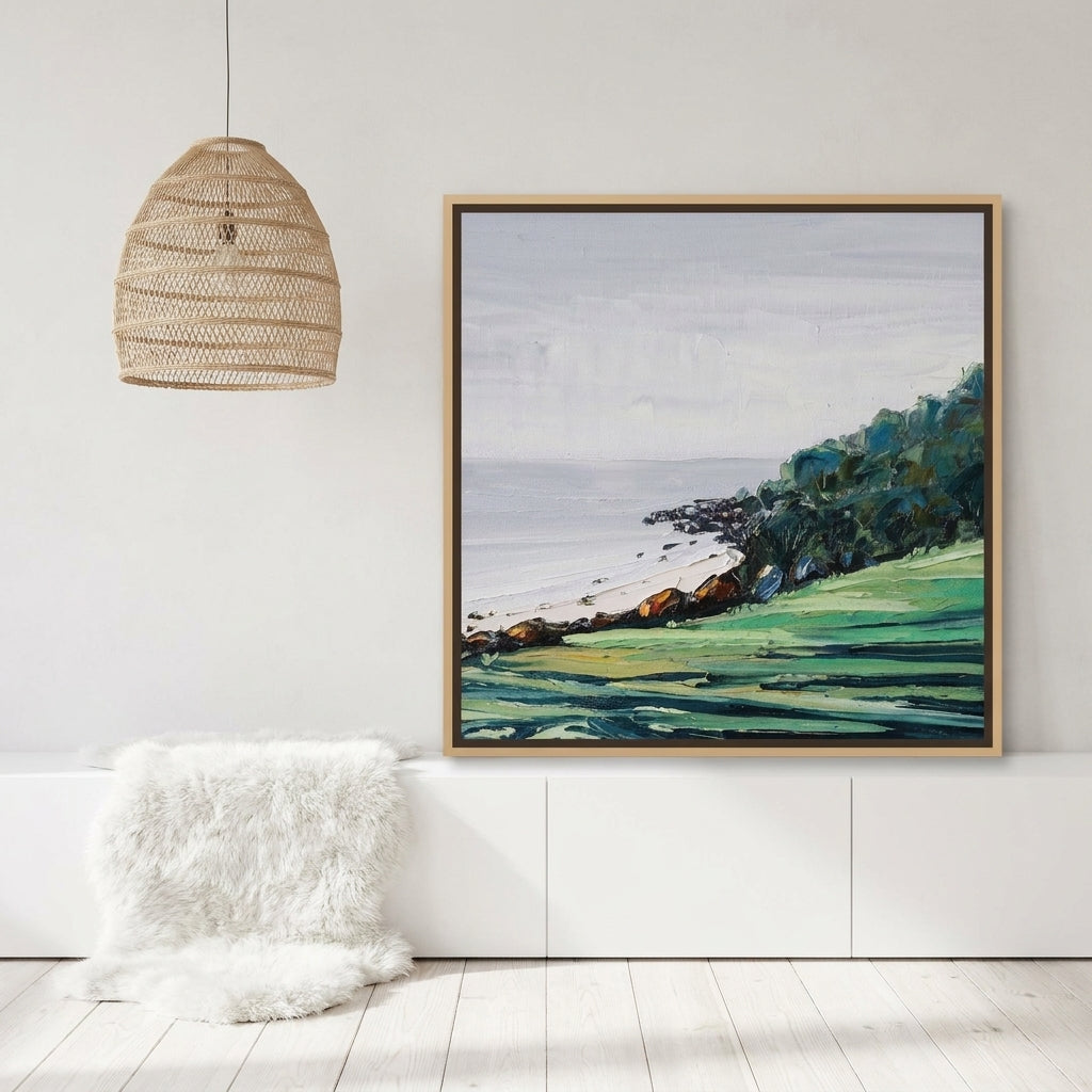 Canvas wall art with a natural timber surround standing on a sideboard in a bright Scandinavian bedroom
