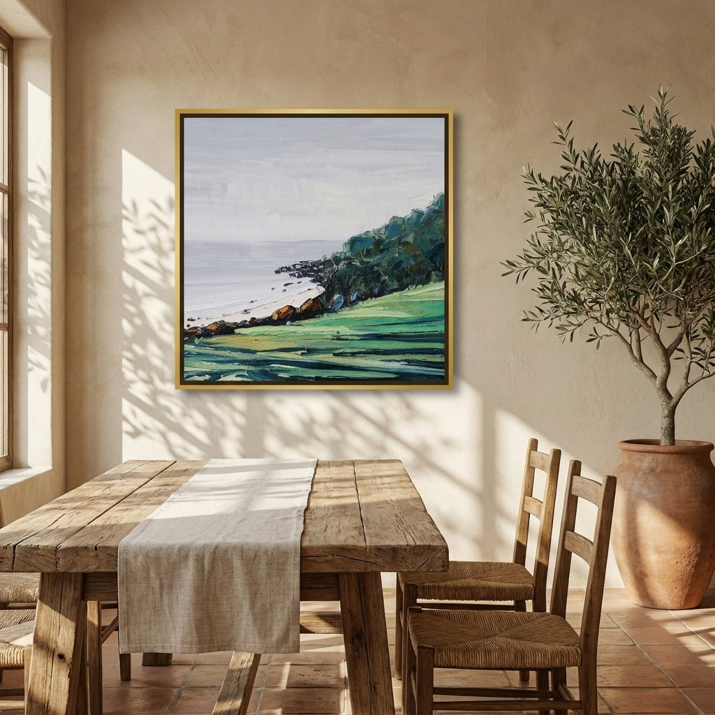 Canvas wall art with a gold leaf surround styled on the wall in a Mediterranean dining room