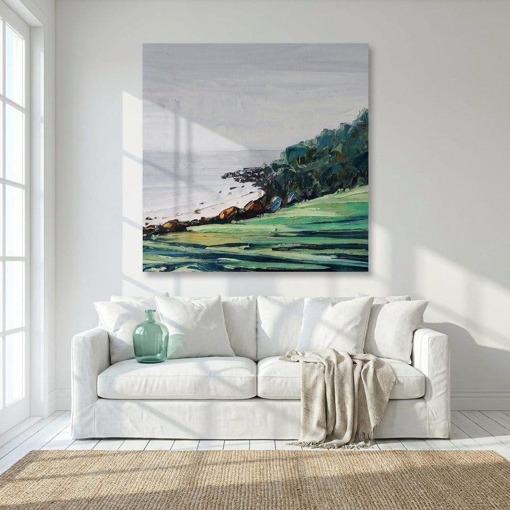 Stretched canvas wall art styled on the wall in a coastal living room