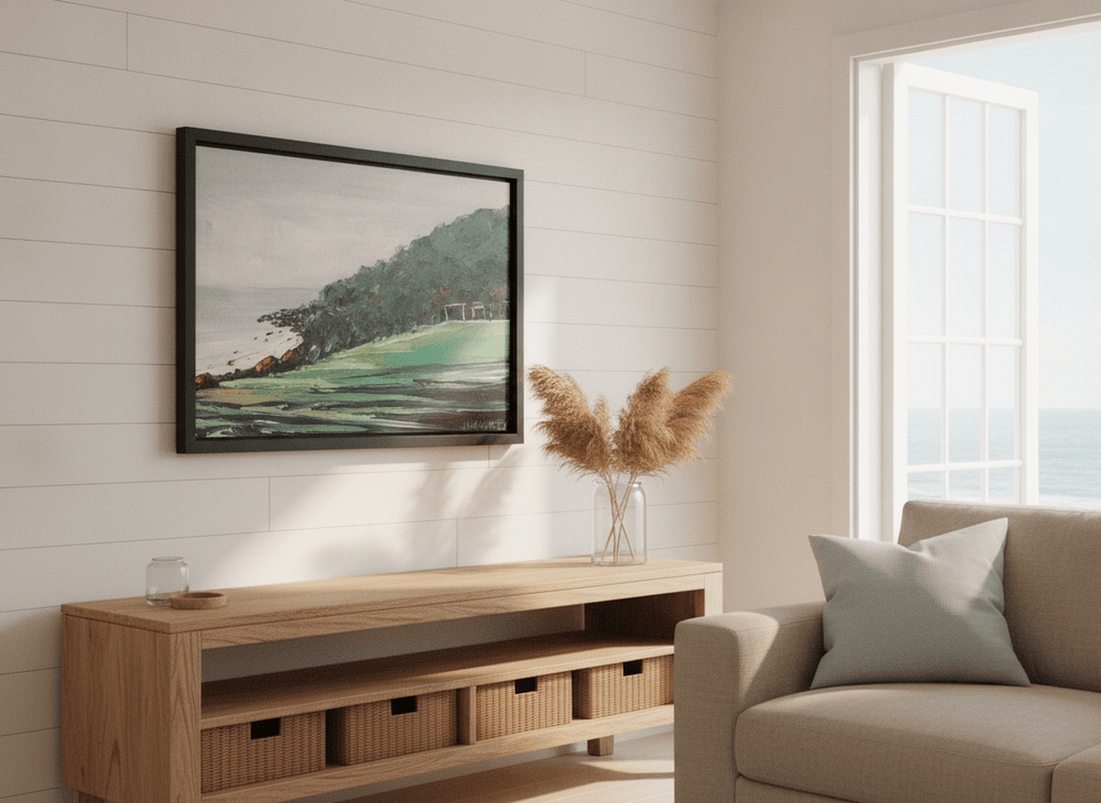 Neutral wall art displayed in a sunny coastal beach house