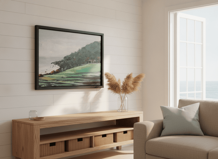 Neutral wall art displayed in a sunny coastal beach house
