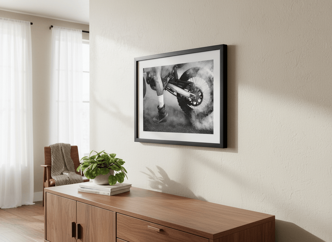 Artwork displayed above a credenza in a real-looking contemporary home