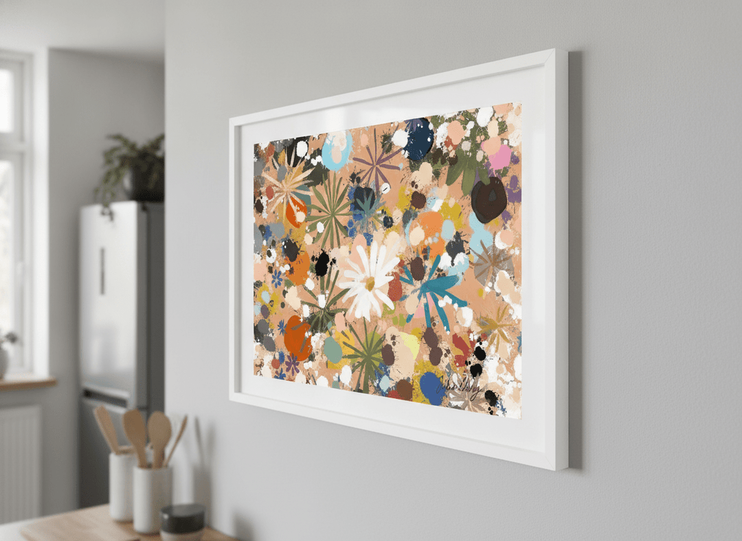Artwork styled on the wall of a bright modern kitchen