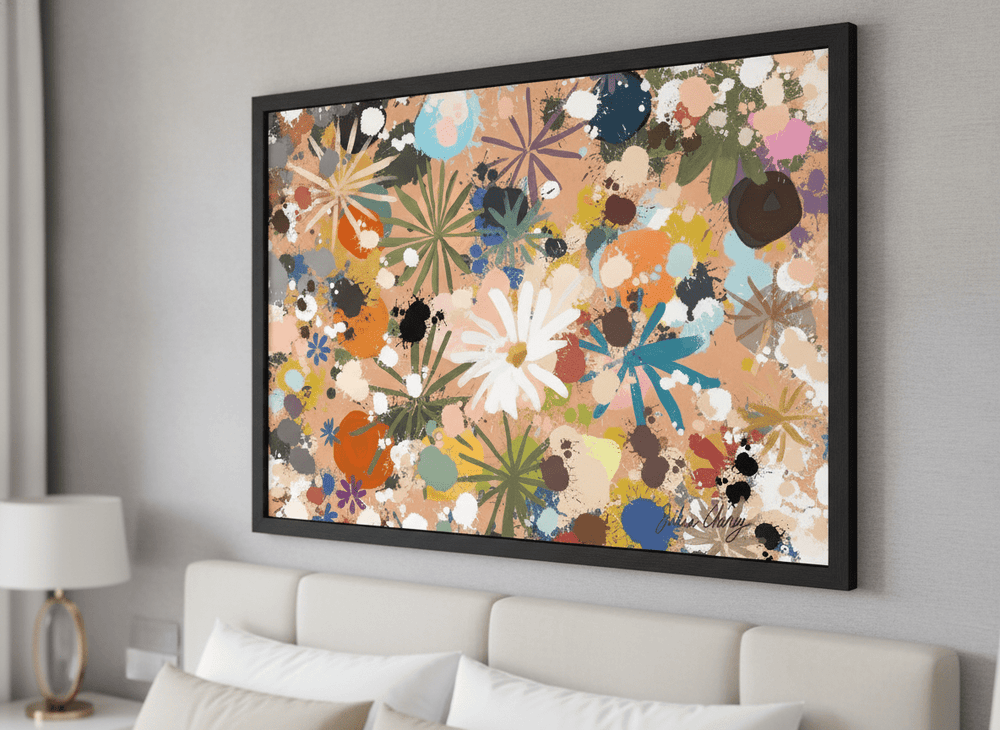 Minimalist artwork displayed in a calm, light-filled bedroom interior