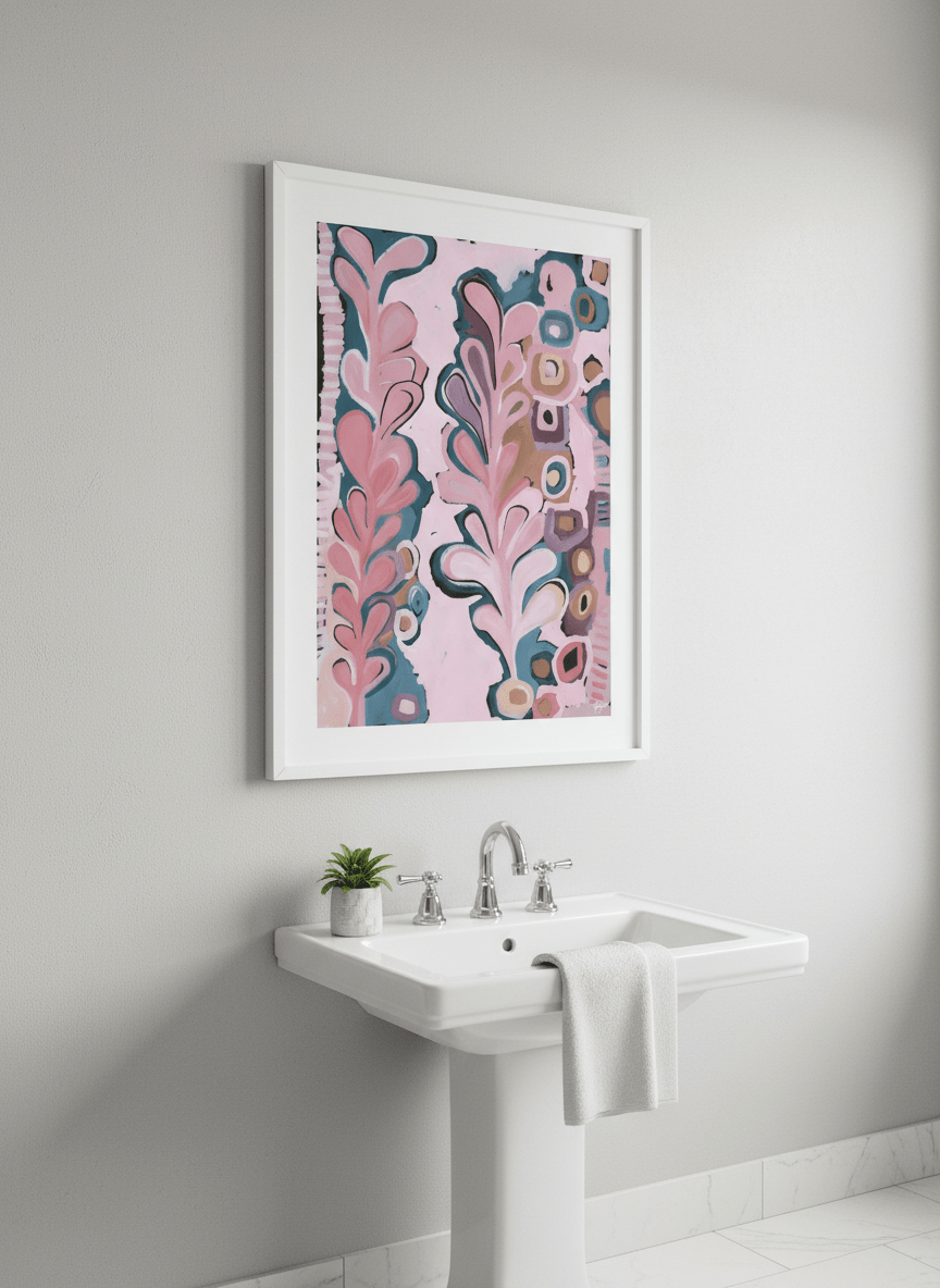 Modern print displayed in a clean minimalist bathroom setting