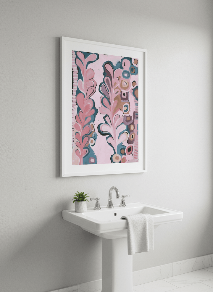 Modern print displayed in a clean minimalist bathroom setting