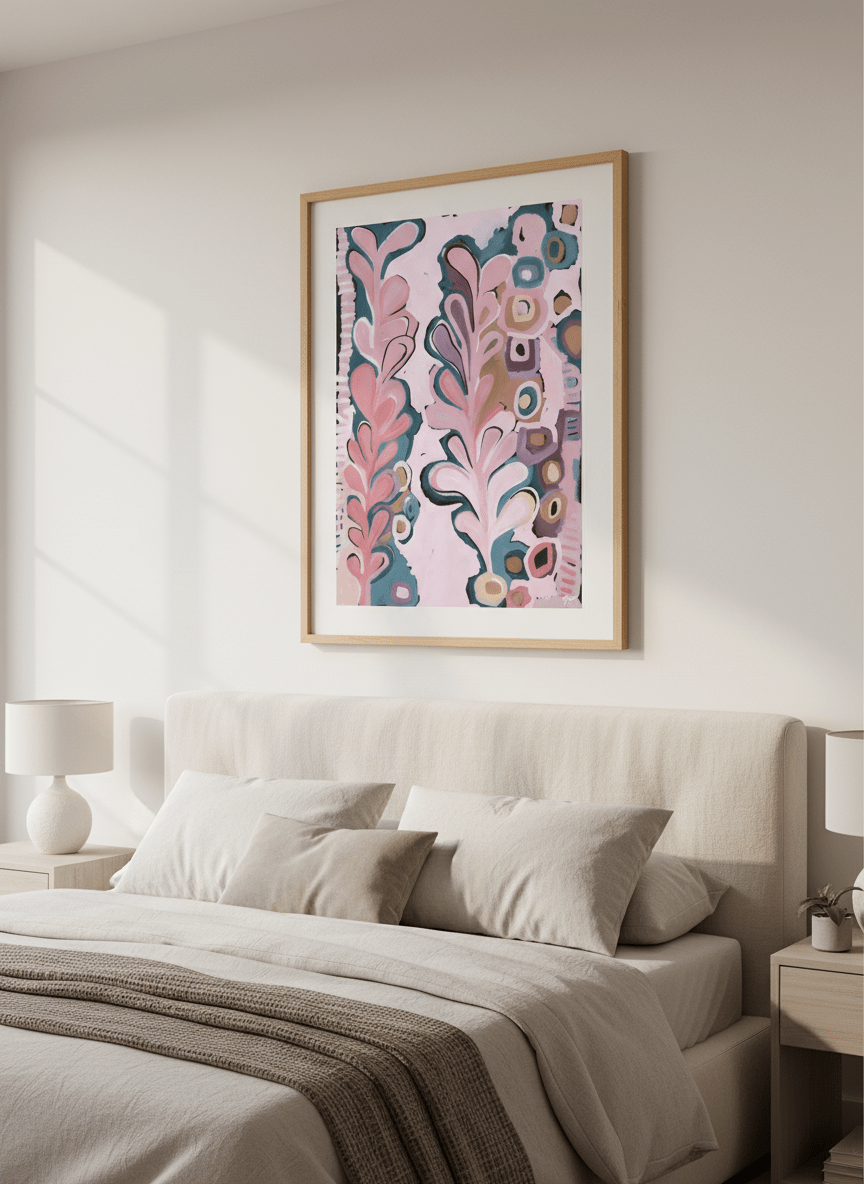 Minimalist artwork displayed in a calm, light-filled bedroom interior