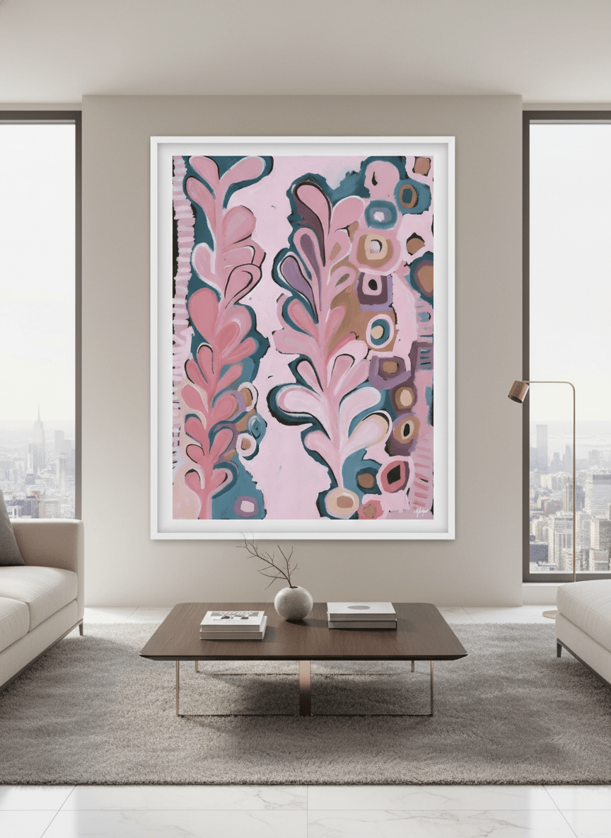 Monumental artwork centred on a feature wall in a luxe interior
