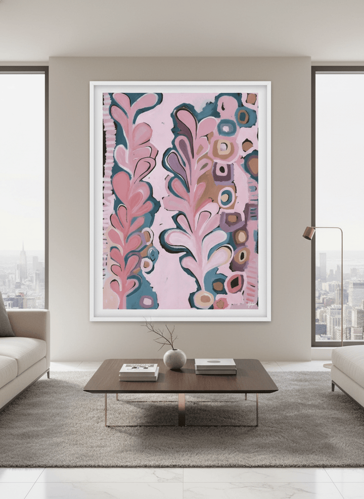 Monumental artwork centred on a feature wall in a luxe interior