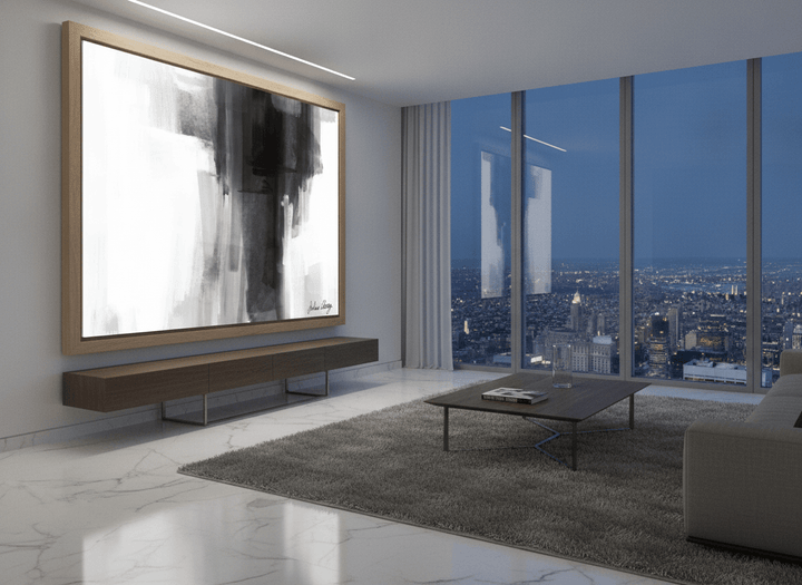 Monumental artwork centred on a feature wall in a luxe interior
