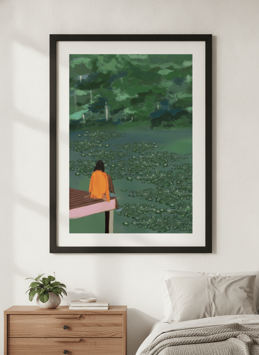 Minimalist artwork displayed in a calm, light-filled bedroom interior