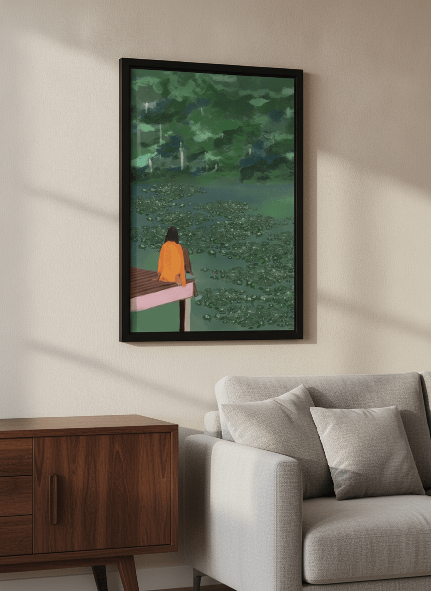 Artwork displayed above a credenza in a real-looking contemporary home