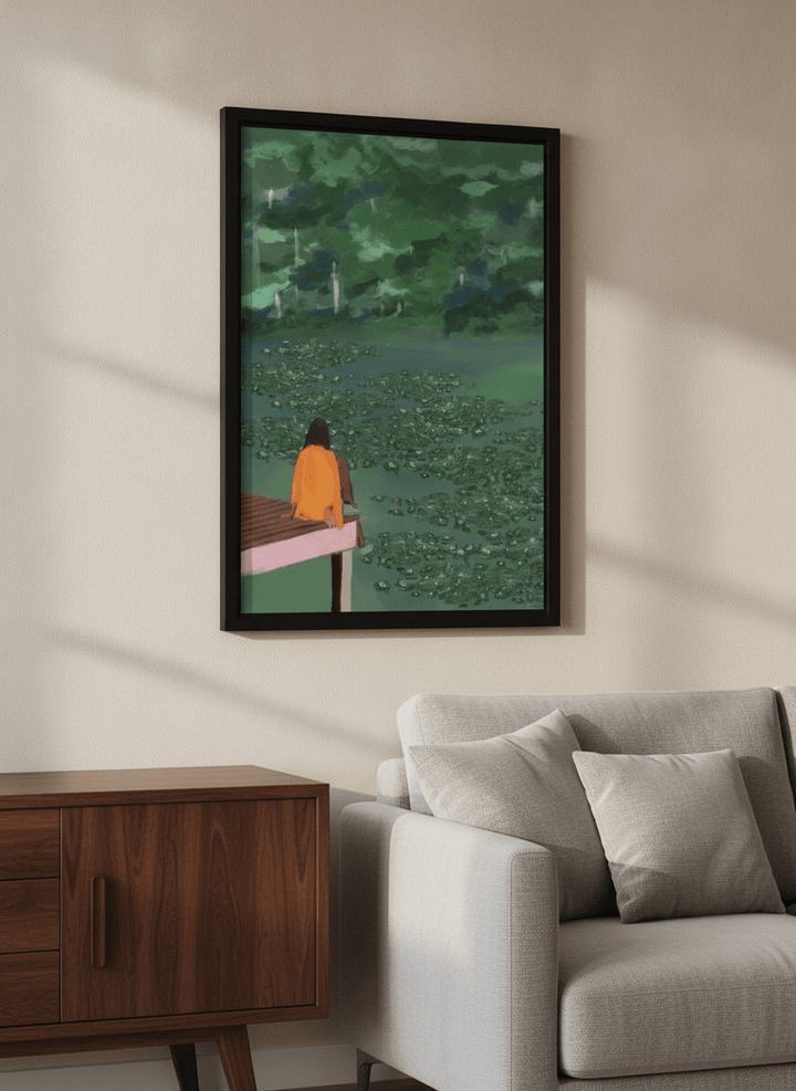 Artwork displayed above a credenza in a real-looking contemporary home